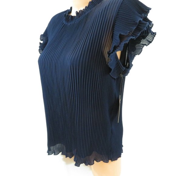 Gibson X Glam Steph Taylor Jackson Blouse Pleated Chiffon Ruffle Sleeve Blue - Picture 5 of 12